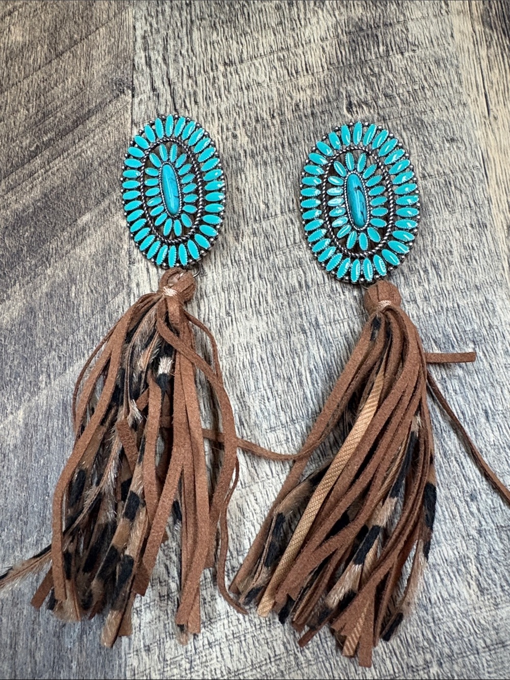 Turquoise Oval Fringe Tassel Earrings - Brown Tassel Women’s Jewelry